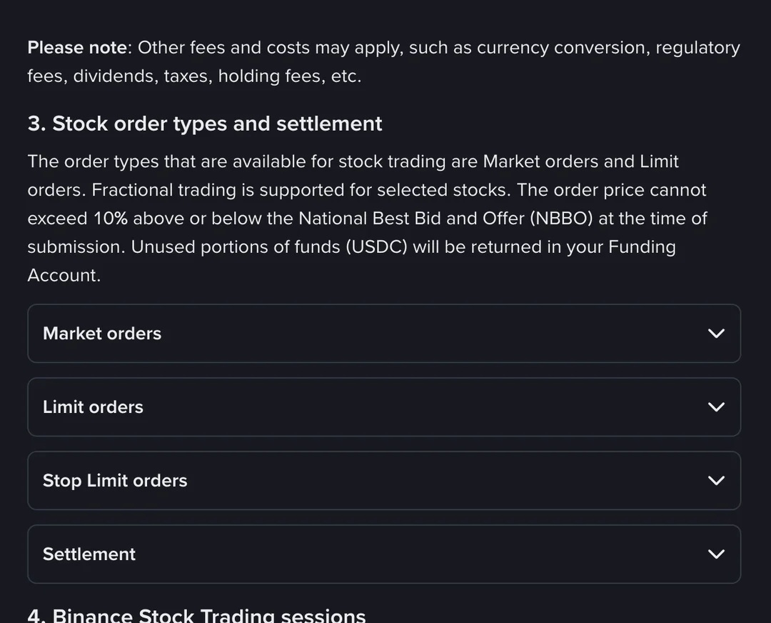 币安帮助页截图(英文):Stock order types and settlement 一节写明股票交易可用的单型是 Market orders 和 Limit orders、部分股票支持碎股、订单价格不得超出提交时 NBBO 上下 10%、未用完的 USDC 退回资金账户;下面并排列着 Market orders、Limit orders、Stop Limit orders、Settlement 四个折叠条目